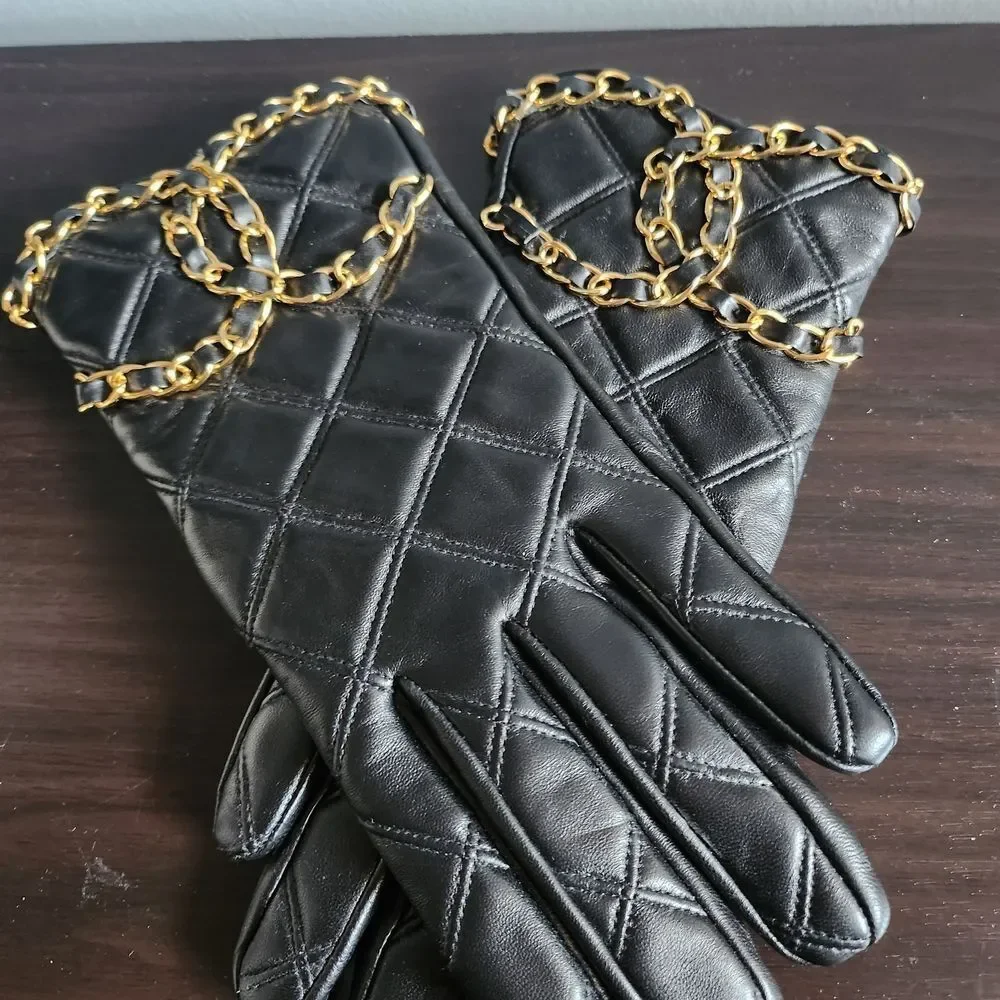 Black Quilted Gloves with Gold Chain Detail